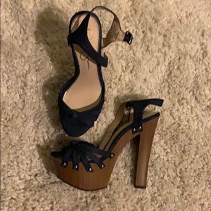 Vintage style denim/wooden platform heels